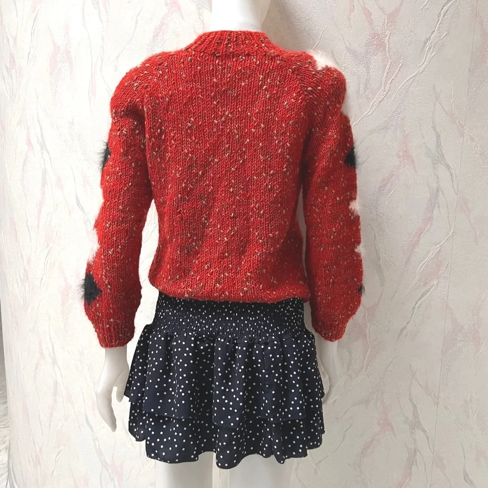 Handknitted Red Chunky Argyle Sweater Mock Neck Grannycore Cabin‎ Preppy Small